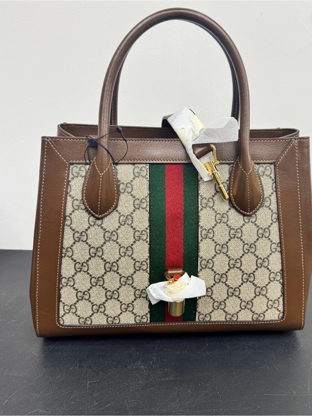 Gucci Jackie 1961 Medium Tote GG Supreme Canvas Brown Leather Web Stripe